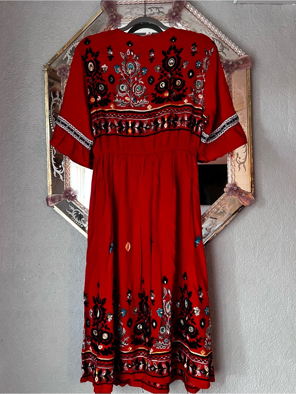 Size Large Red Embroidered Boho Dress - Picture 2 of 4